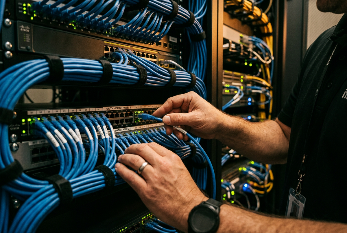 Ingeniero de TI de Conectividad Total trabajando en cableado de centro de datos y racks